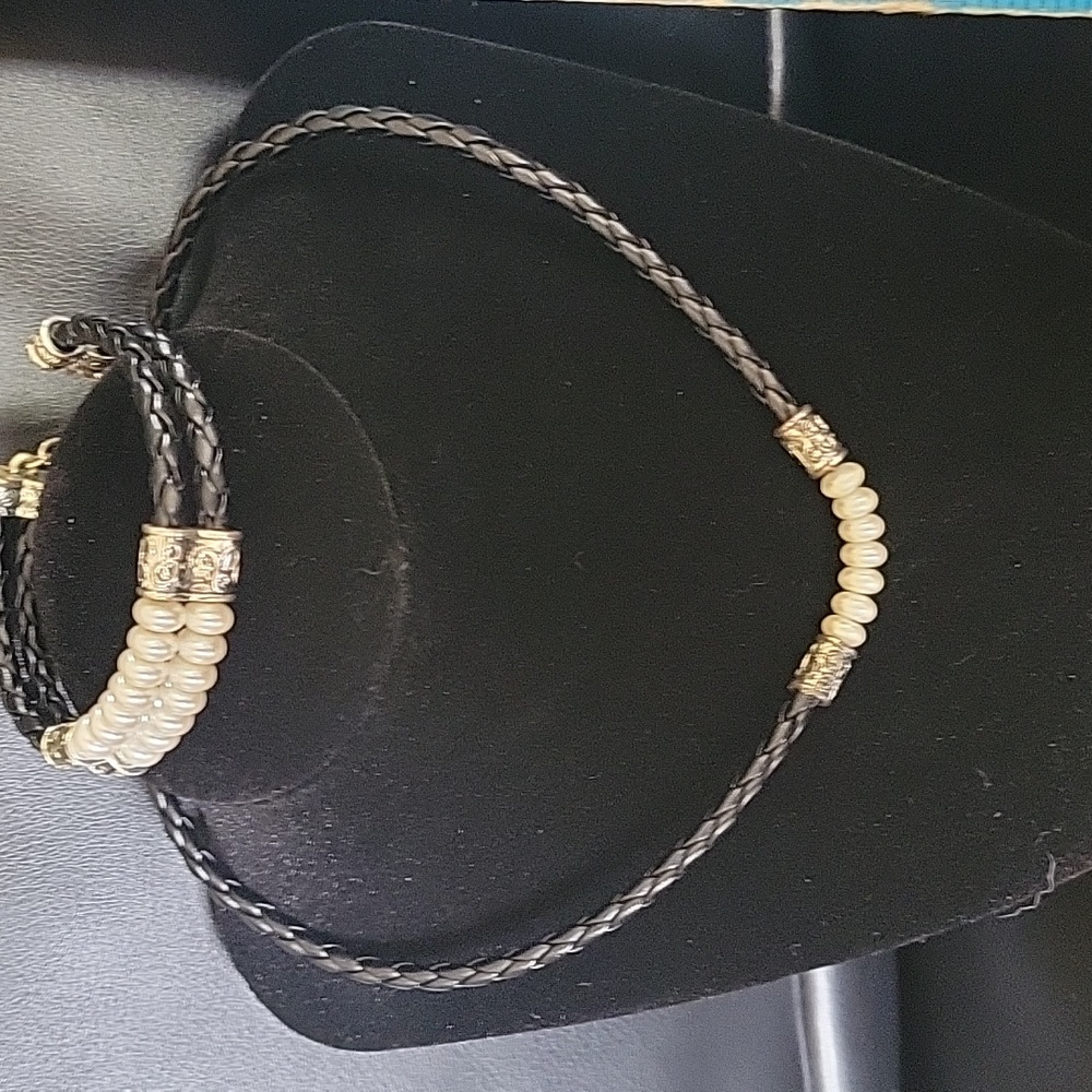 Necklace and Bracelet Braided Black with White Beads.